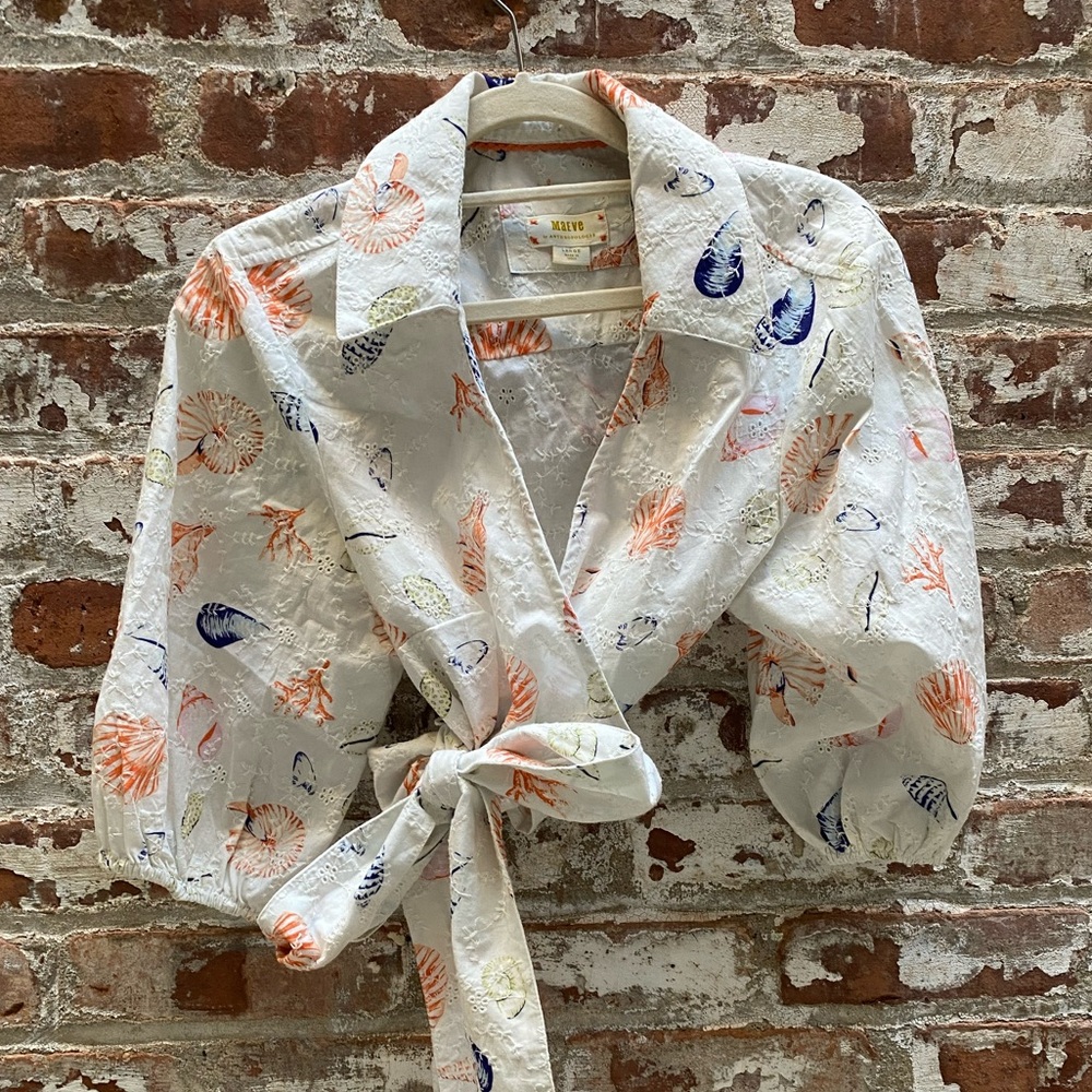 Anthropologie Maeve Puff Sleeve Wrap Crop Blouse Eyelet and Seashells Size L